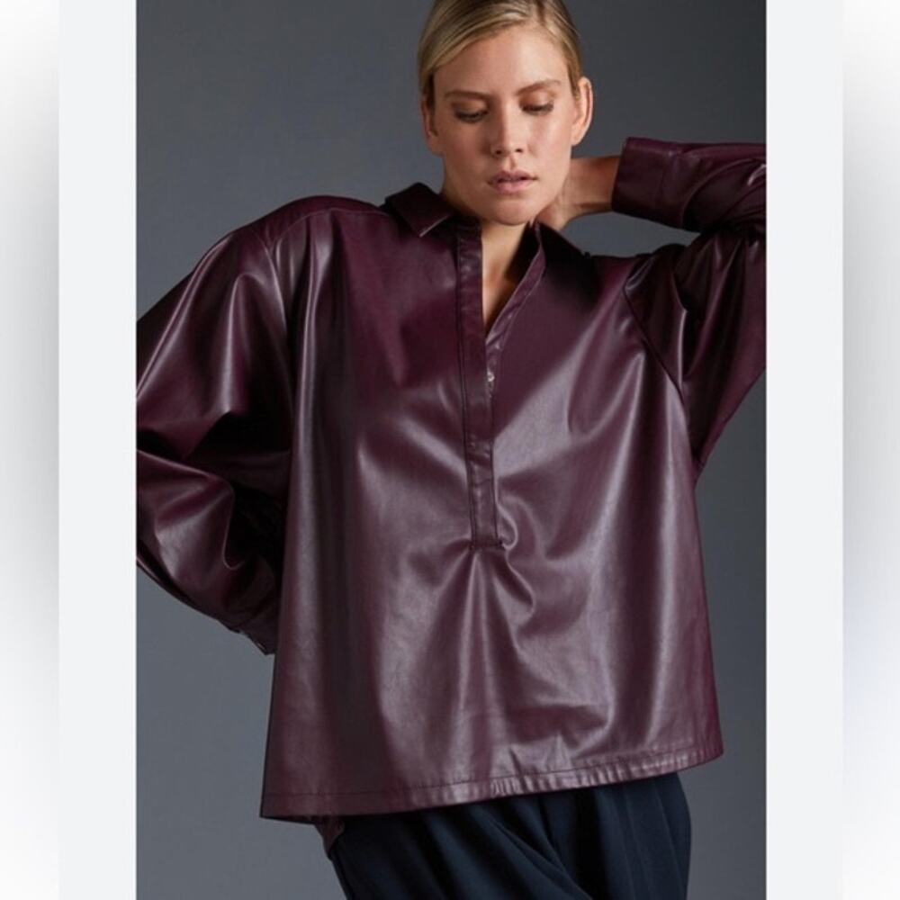 Anthropologie Vegan Leather Plum Purple Shirt Long Sleeve Preppy Plus Size 1X